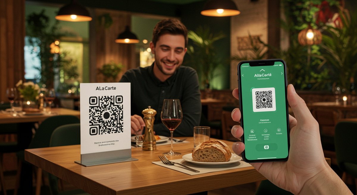 Menu QR code restaurant sur smartphone - Client scannant code au restaurant